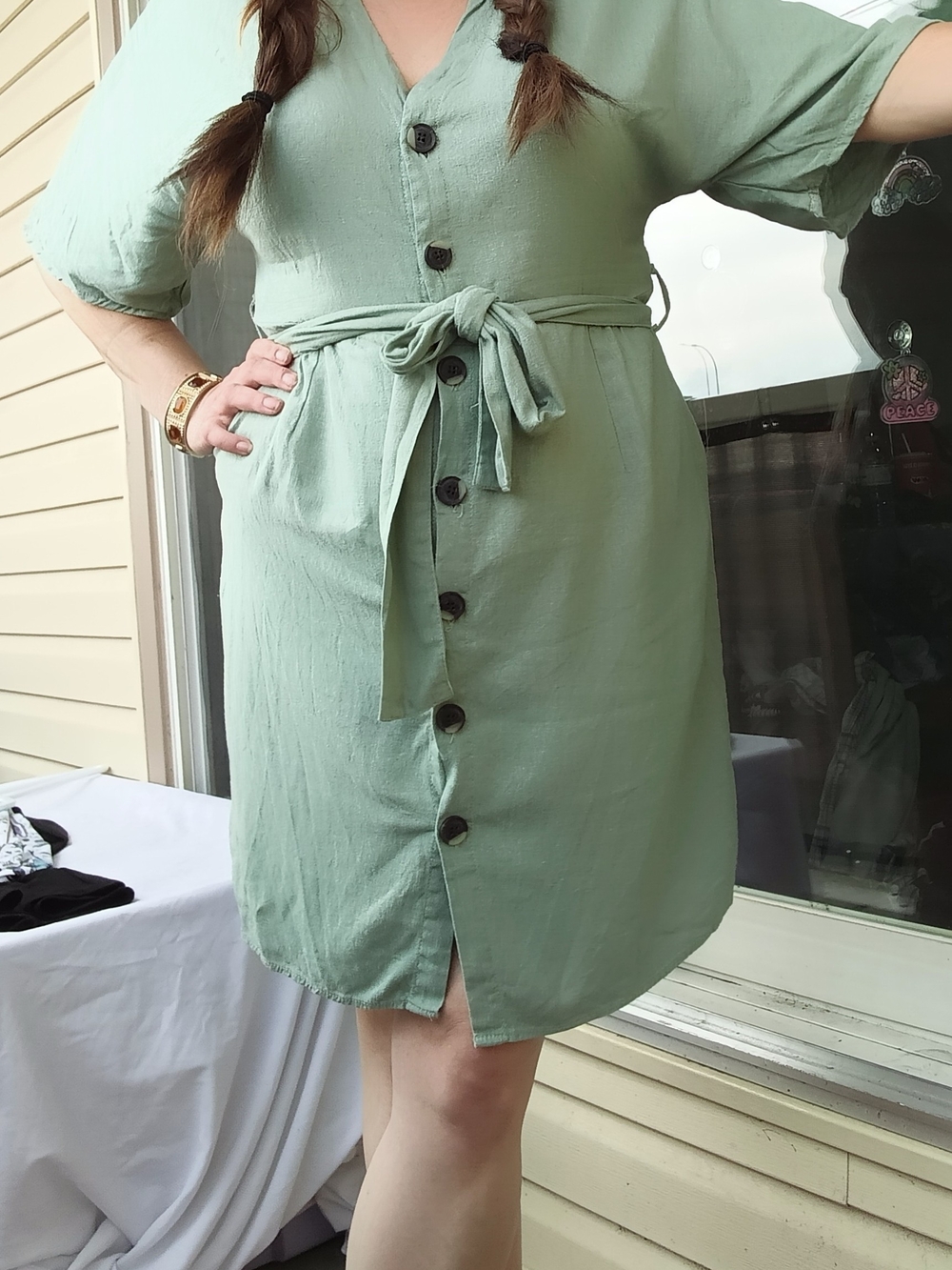 Velvet Heart Sage Green Belted Button Front Dress XS